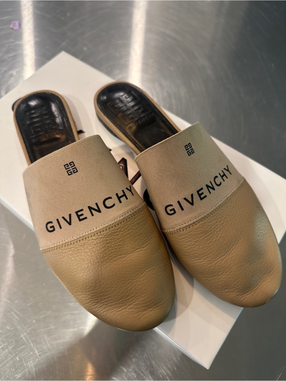 Givenchy Tan Leather & Canvas Logo Slip-Ons